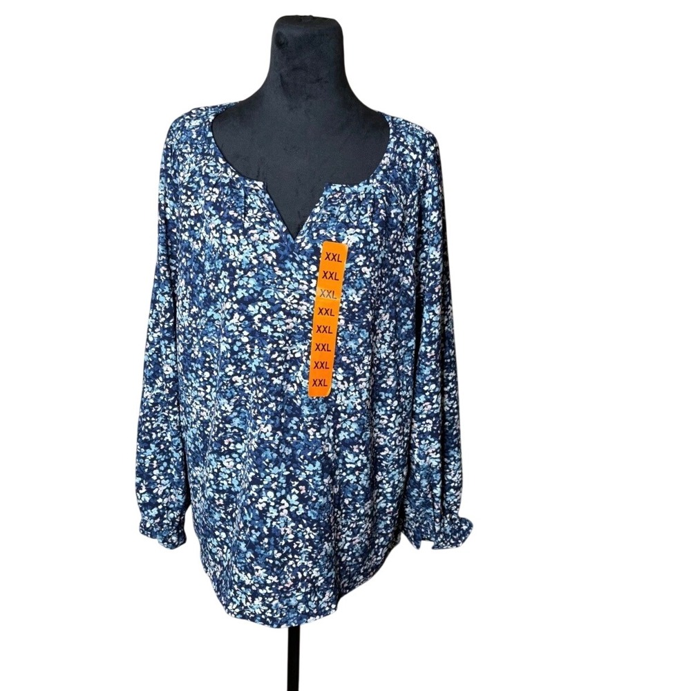 Jessica Simpson Blue Floral Split Neck Long Sleeve Blouse Plus XXL NWT Feminine